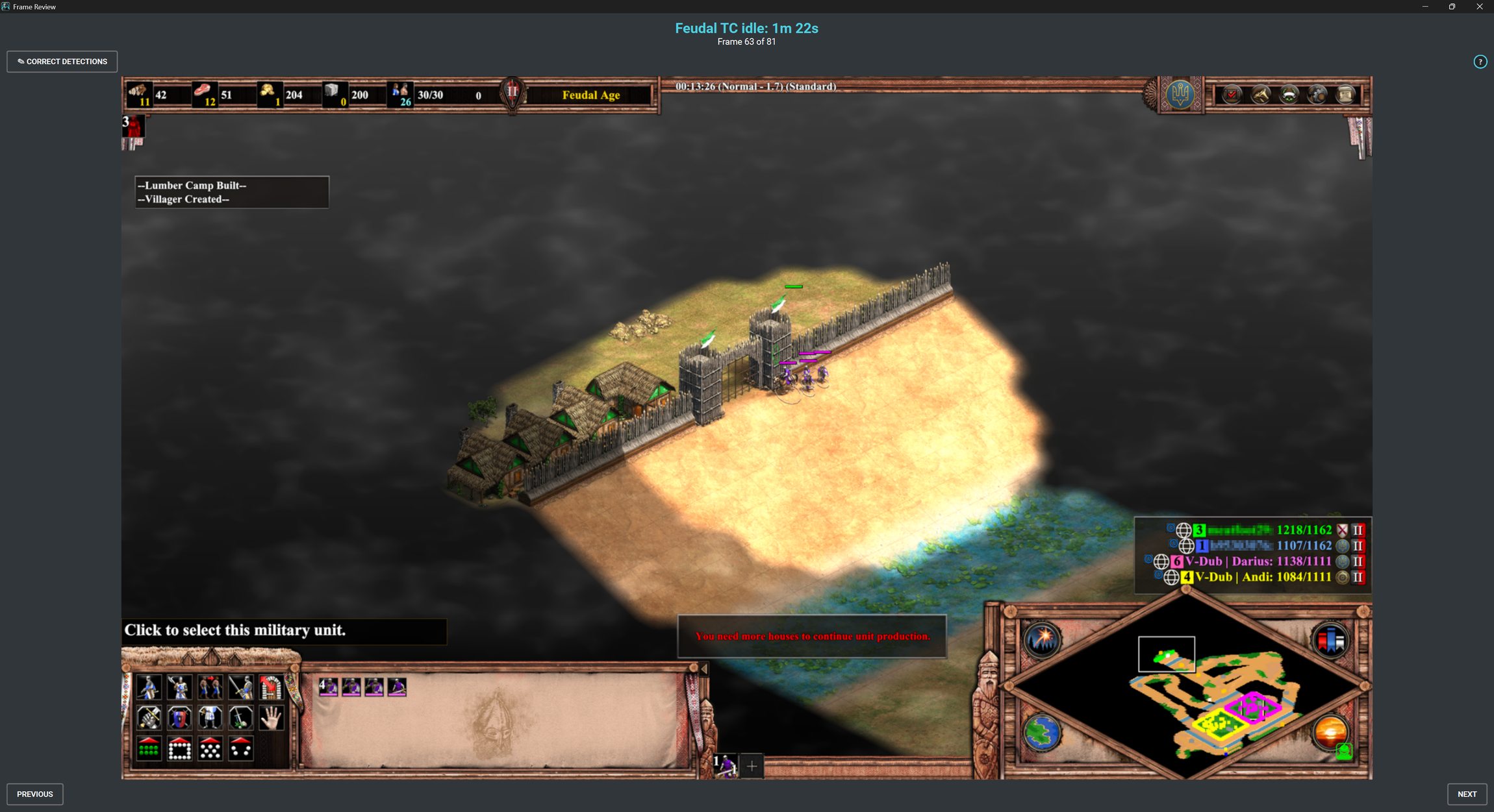 AoE2 Coach frame review window showing a Feudal Age TC idle moment, frame 63 of 81, with previous and next controls to step through each idle frame